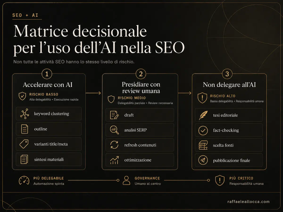 Matrice decisionale per capire quali attività SEO accelerare con AI, quali presidiare e quali non delegare.