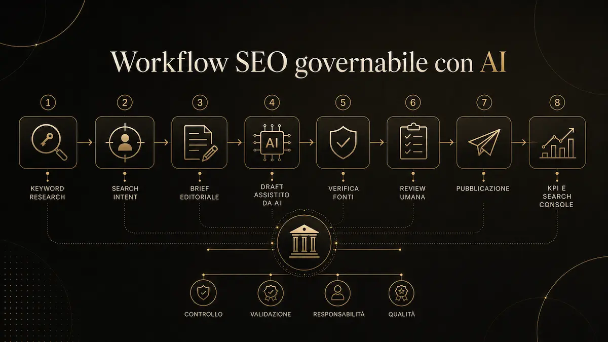 Workflow SEO con AI collegato a keyword, brief, draft, review editoriale, fonti e pubblicazione governata.