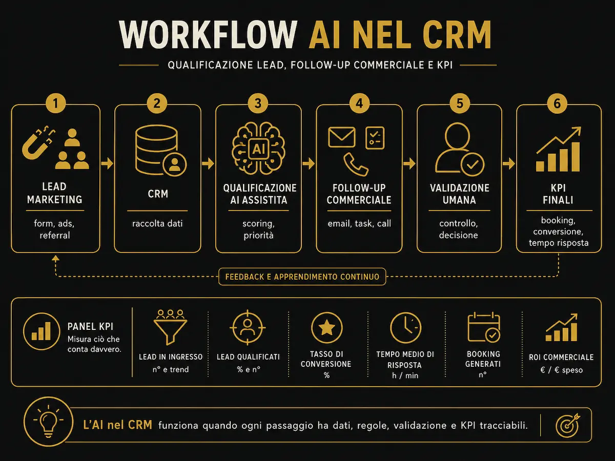 Workflow AI nel CRM per qualificazione lead, follow-up commerciale e misurazione dei KPI.