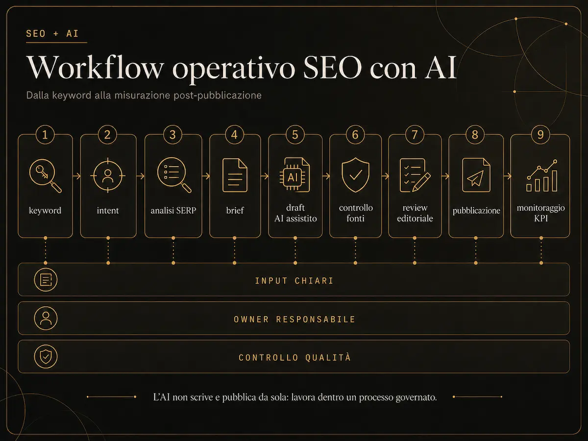 Workflow SEO con AI per passare da keyword e brief a draft, review, fonti, pubblicazione e misurazione.